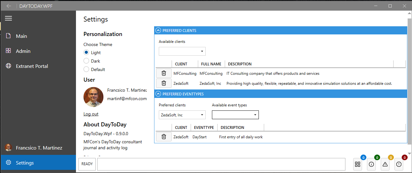 Settings page